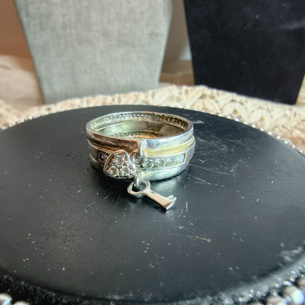Sterling Silver Triple Band Heart and Key CZ Ring